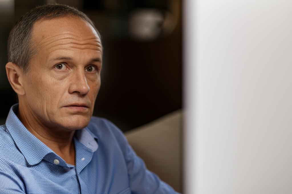 A middle-aged man looking thoughtful and slightly concerned, sitting alone in a quiet room.