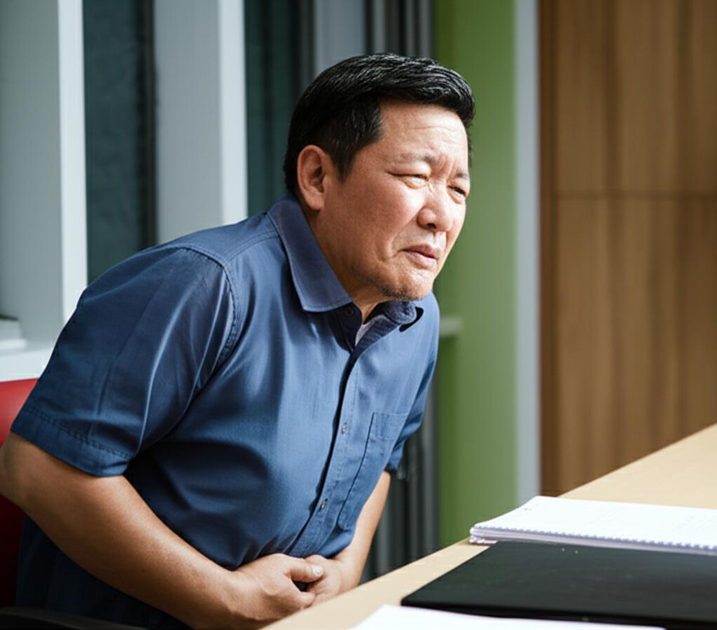 ai prompt: realistic photo of a middle-aged asian man sitting at a desk looking uncomfortable, holding his lower abdomen, office environment, malaysia