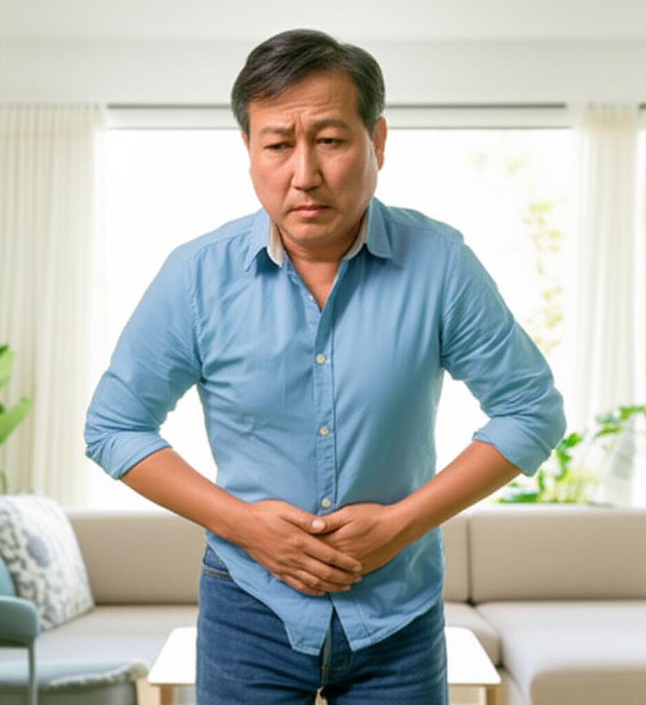 A middle-aged Asian man looking concerned and thoughtful, holding his lower abdomen, in a modern, comfortable home setting. Soft, slightly worried expression. Realistic photo.