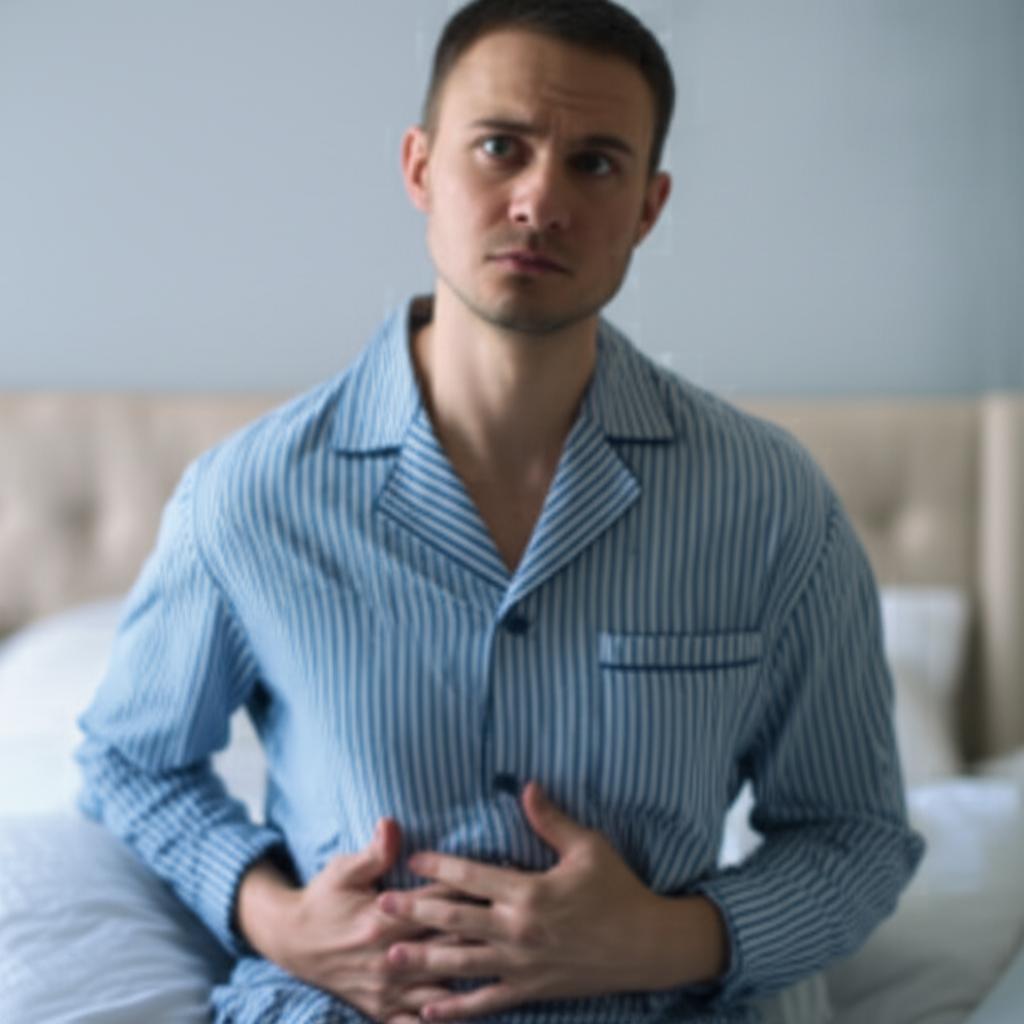 Man looking thoughtful or concerned, possibly holding lower abdomen area, in a bedroom setting after intimacy.