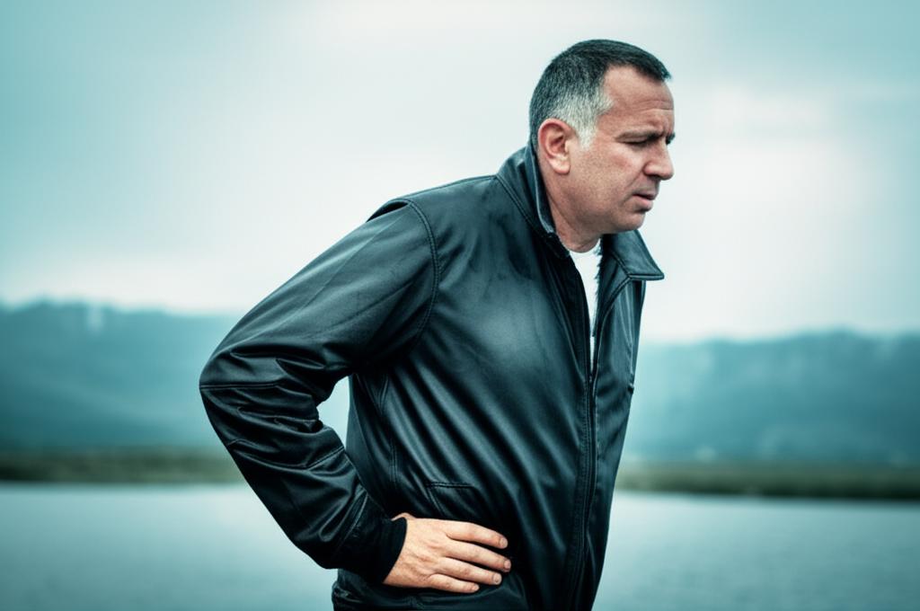 AI prompt: A man in his late 40s looking slightly uncomfortable, perhaps holding his lower back or stomach area, with a backdrop suggesting a slightly damp or cool environment. Use muted, slightly cool tones.