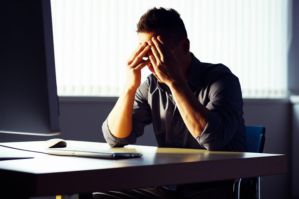 ai prompt: tired man rubbing his eyes at a desk, looking stressed, office environment, morning light, realistic photo