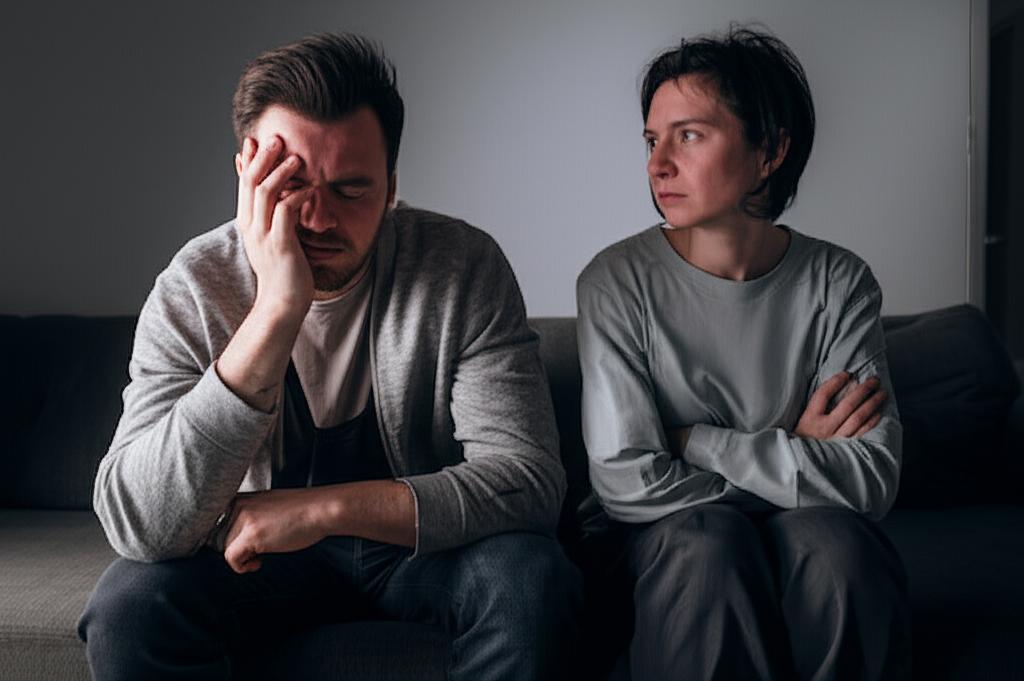 AI prompt: A couple sitting on a sofa, looking distant and sad, representing relationship strain due to intimacy issues, realistic photo style