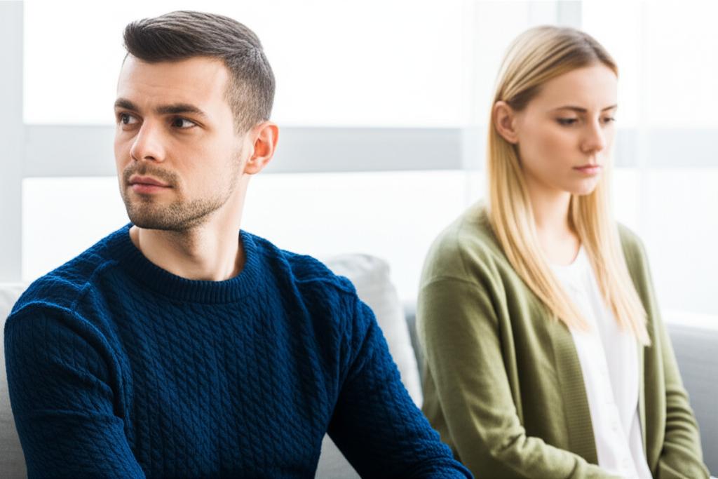 A couple sitting slightly apart on a sofa, looking thoughtful or distant, hinting at relationship strain.