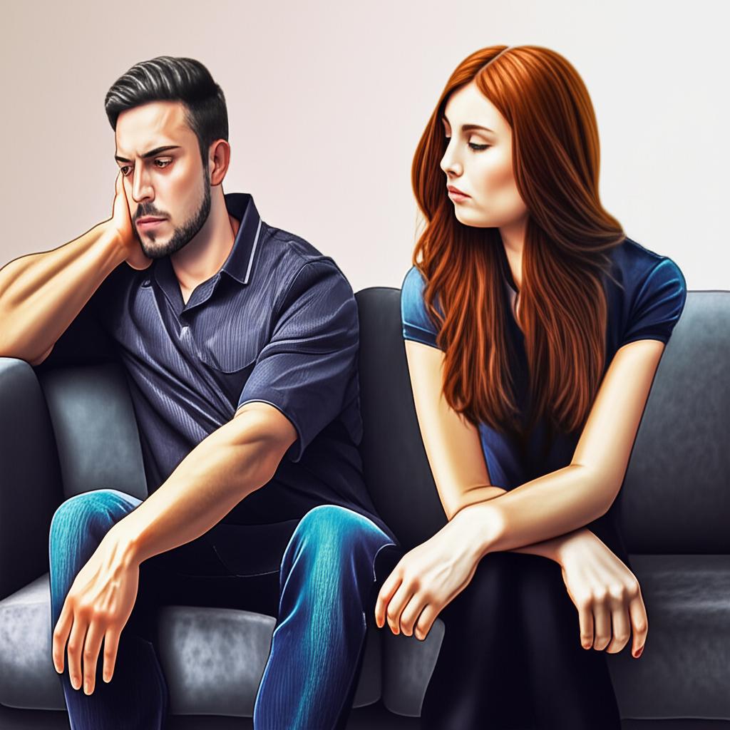A couple sitting on a sofa looking distant, illustrating relationship strain and lack of intimacy, muted colours, realistic style