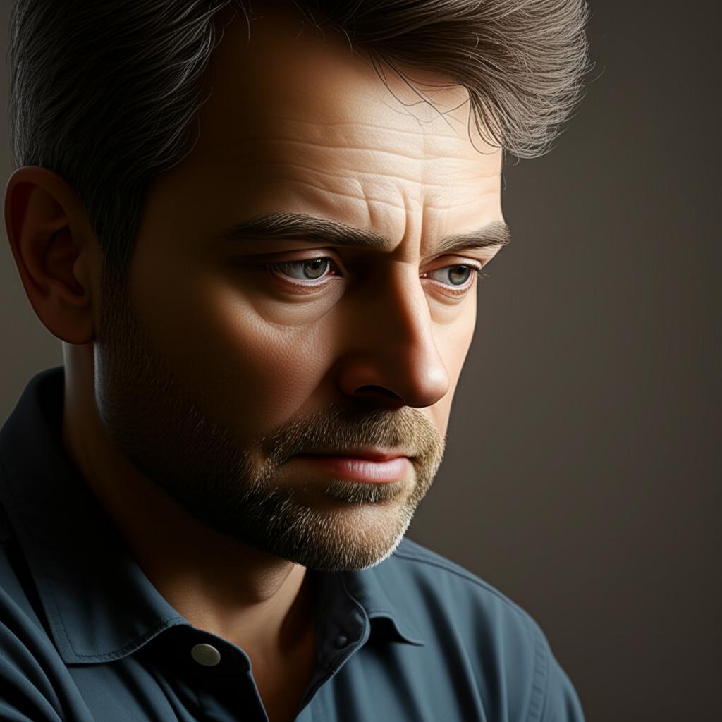 AI prompt: Realistic image of a thoughtful middle-aged man reflecting on his past energy, feeling a bit tired, soft light