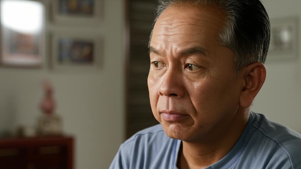 Realistic photo of a thoughtful Malaysian man in his late 40s looking slightly concerned, sitting alone at home