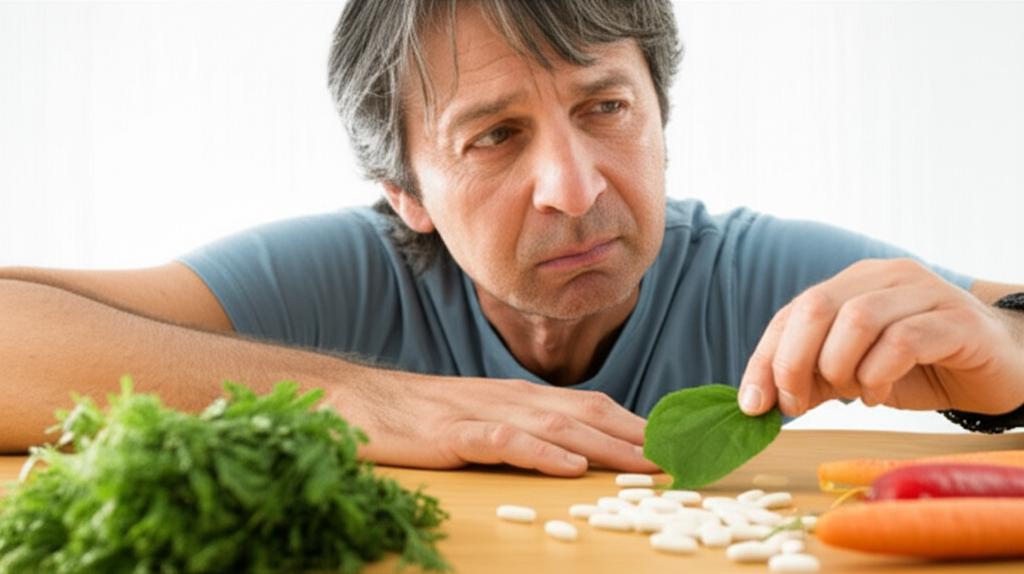 Man looking thoughtful about health choices, considering natural options over pills