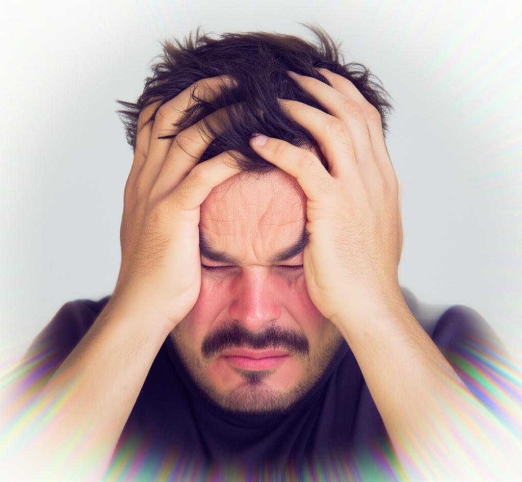 A man holding his head, looking frustrated, with a subtle effect of blurred vision around him.
