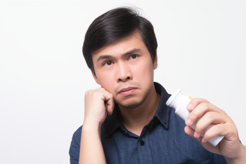 A man in Malaysia looking thoughtful and slightly concerned, perhaps holding a pill bottle subtly, conveying the weight of reliance on medication for intimacy.
