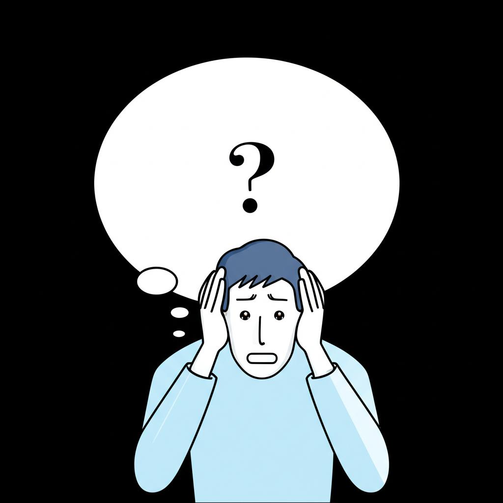 Illustration of a man looking frustrated and holding his head, indicating discomfort from medication side effects, with a thought bubble showing a question mark about his health.