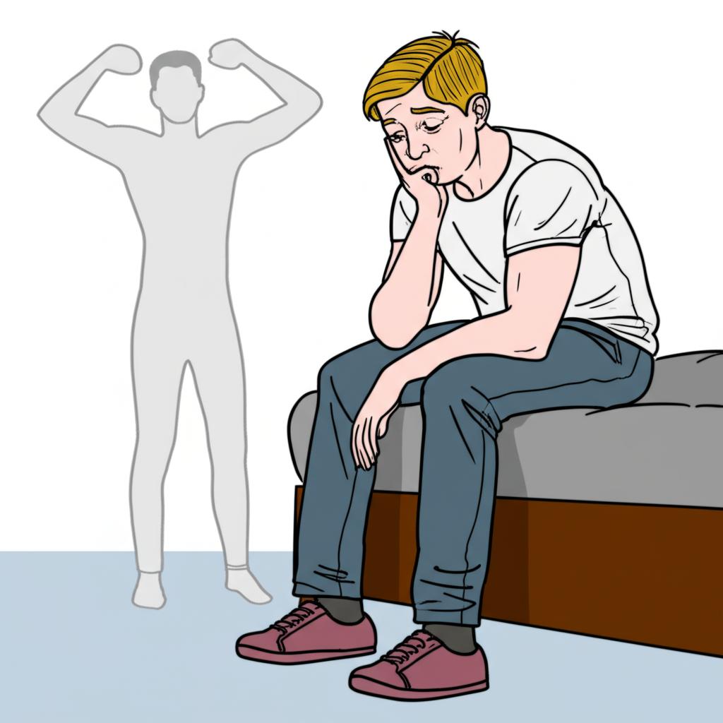 Illustration of a tired man sitting on the edge of a bed, looking stressed and thinking about work, with a faint outline of a healthy, energetic figure in the background