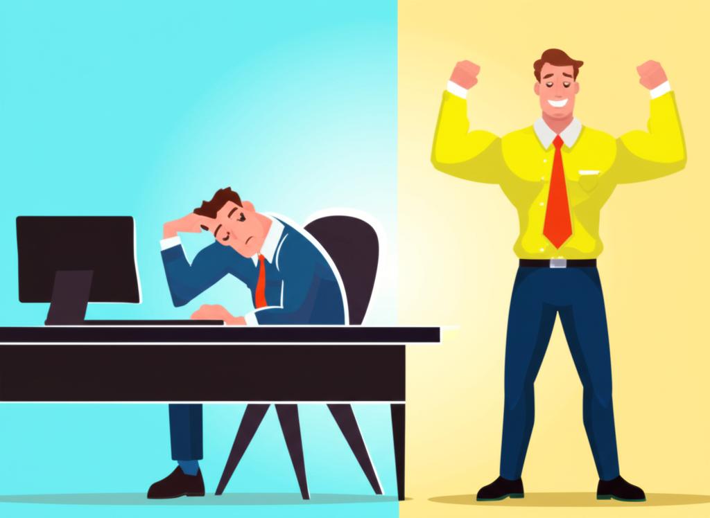 Illustrative image of a tired office worker transitioning to a confident, energetic man