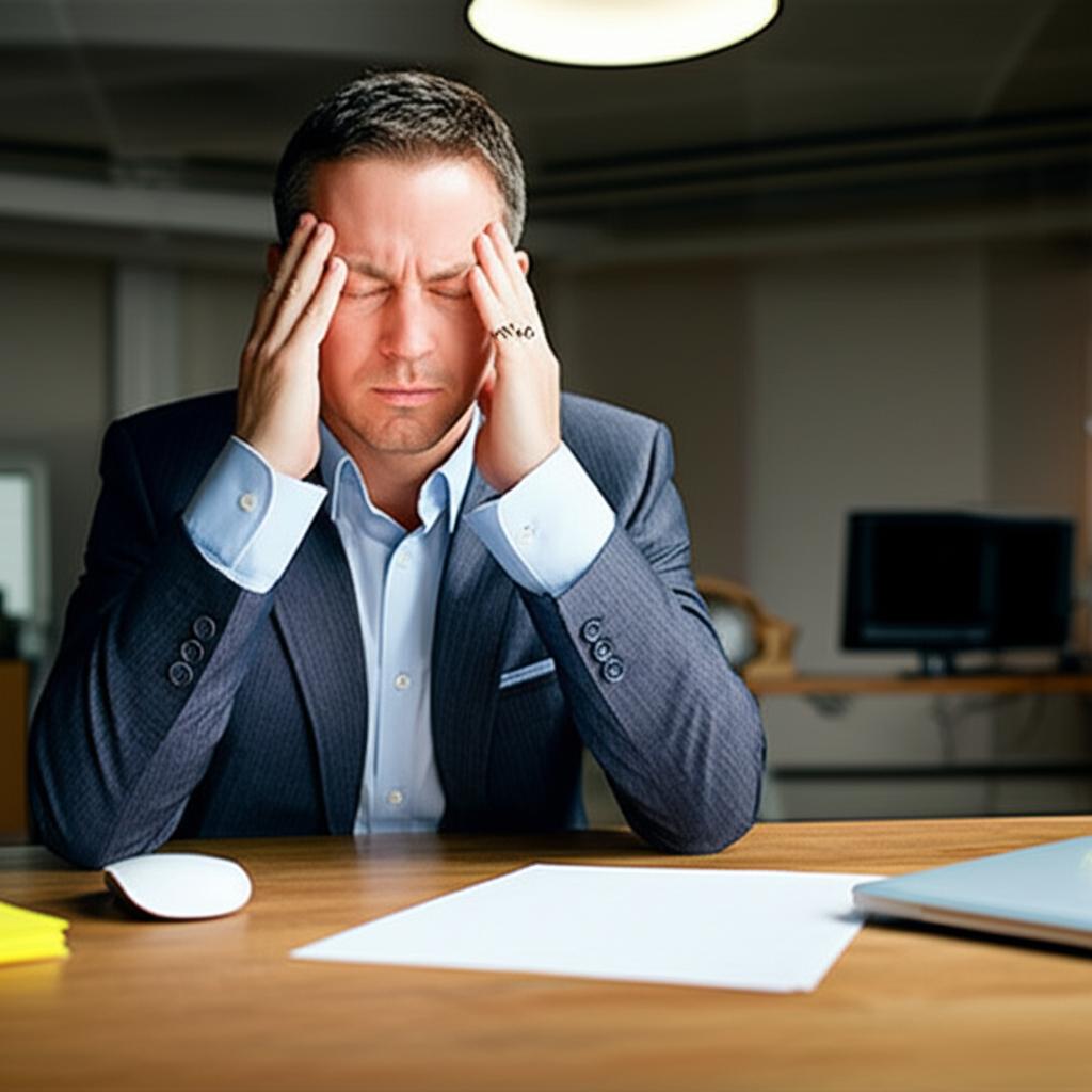 A man sitting at a desk looking tired and rubbing his temples, office environment, realistic photo
