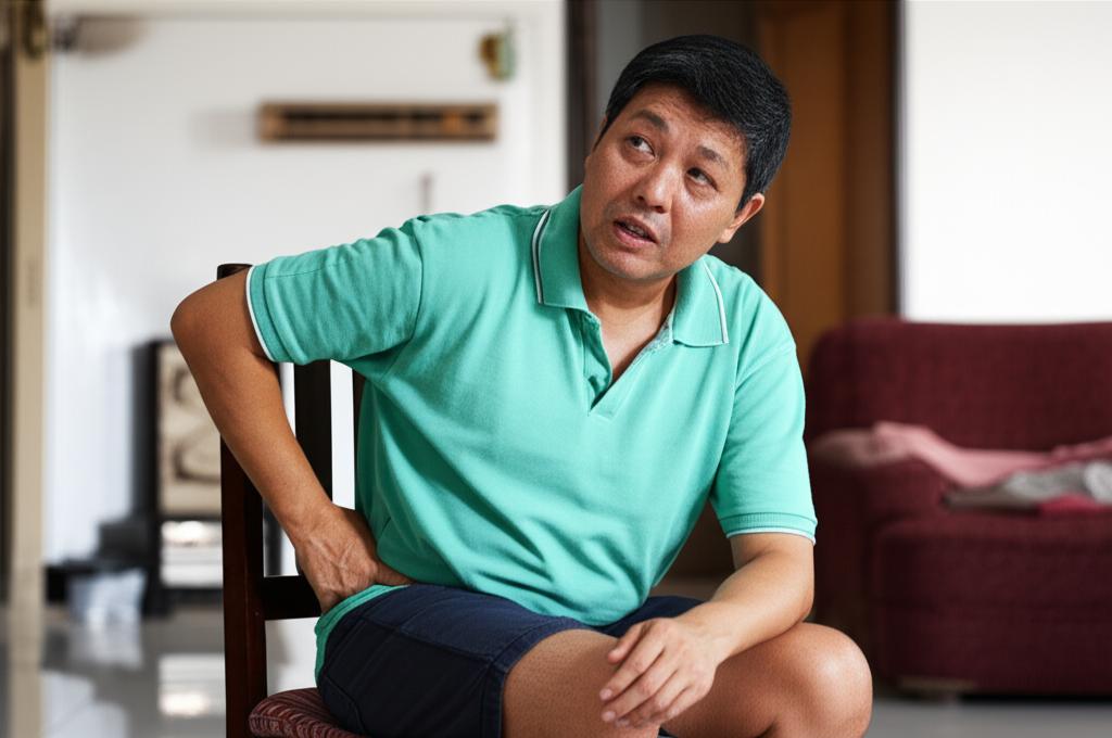 ai prompt: A middle-aged Asian man in Malaysia looking tired and holding his lower back and knee, sitting on a chair, feeling frustrated, soft focus background of a typical Malaysian home interior