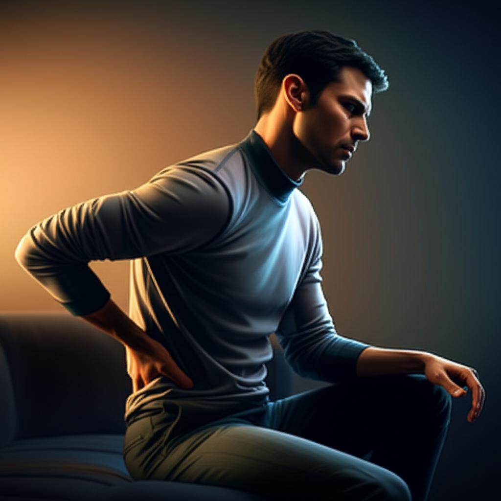 A man sitting contemplatively, looking tired, with a subtle ache depicted in his lower back area, soft lighting, realistic style