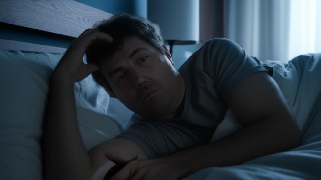 AI prompt: A tired man in bed looking frustrated, moonlight coming through the window, indicating nighttime.