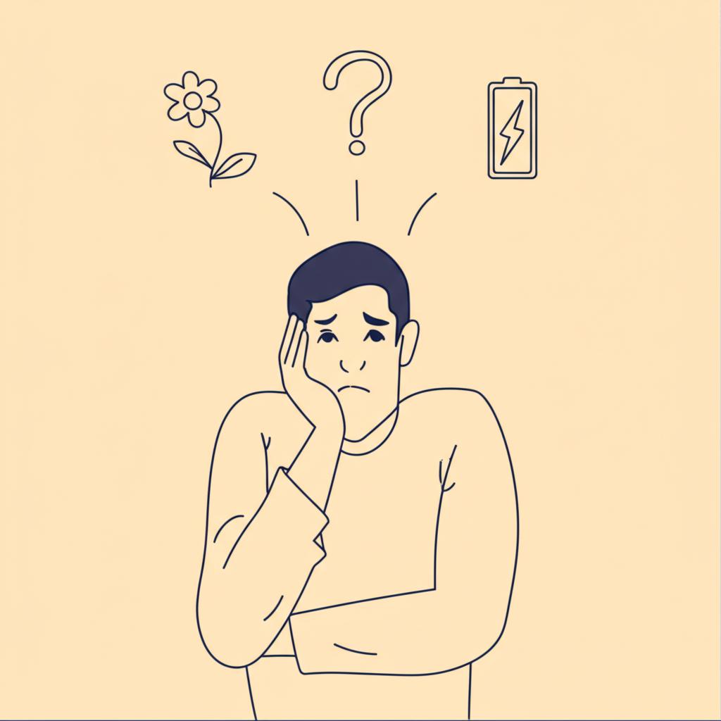 Illustration of a man looking tired and stressed, with a question mark above his head related to energy and vitality levels.