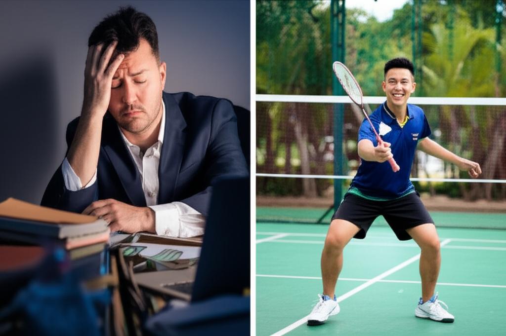 ai prompt: realistic photo showing a side-by-side comparison, on the left a man looking tired and stressed sitting at a desk, on the right the same man looking energetic and smiling playing badminton outdoors, malaysia