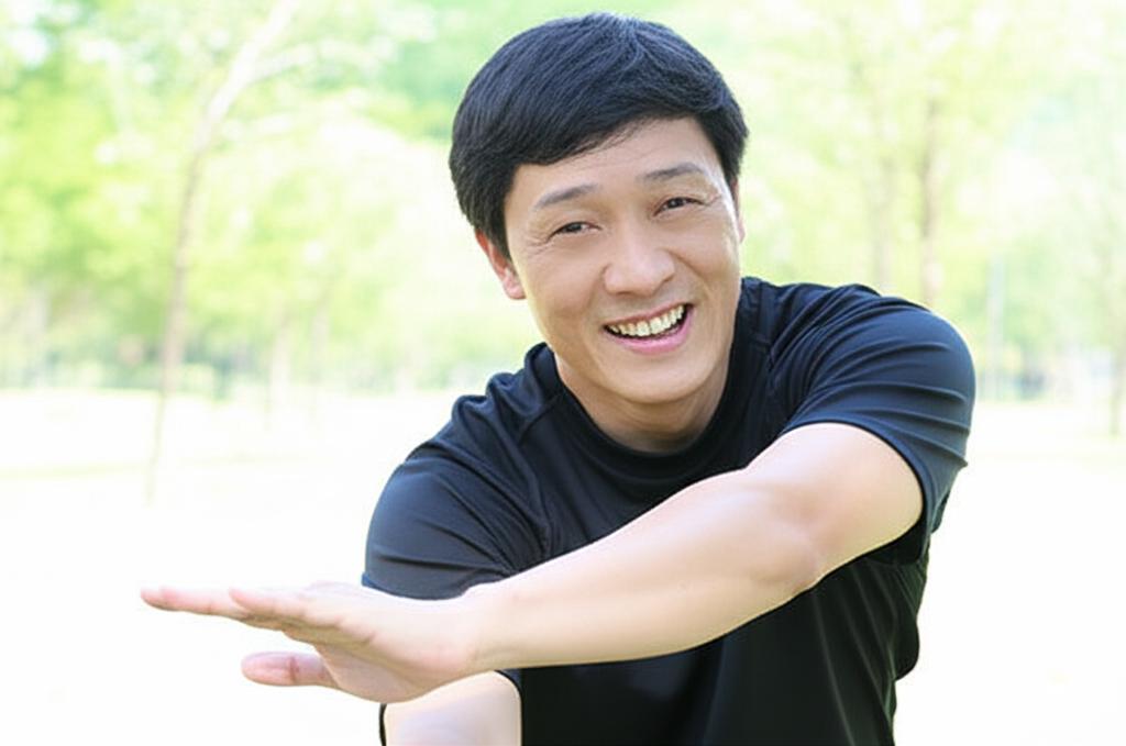 A middle-aged Asian man smiling confidently and looking energetic, perhaps exercising lightly or enjoying an activity, representing positive health changes. Bright, optimistic lighting. Realistic photo.