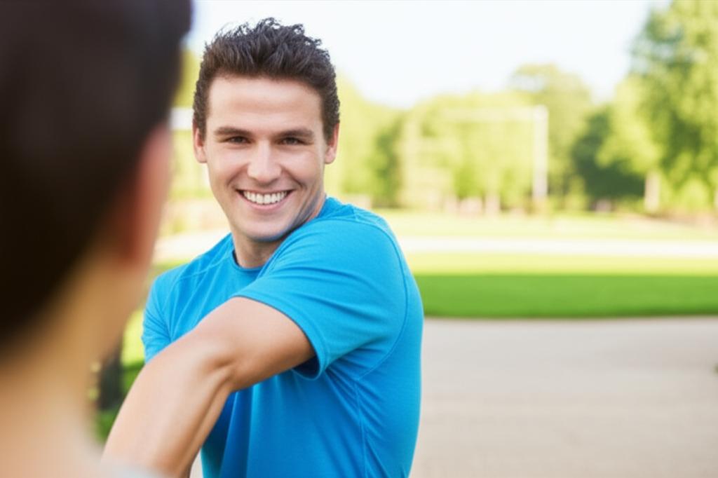 Man smiling confidently, perhaps doing light exercise or spending quality time with a partner, looking healthy and happy.