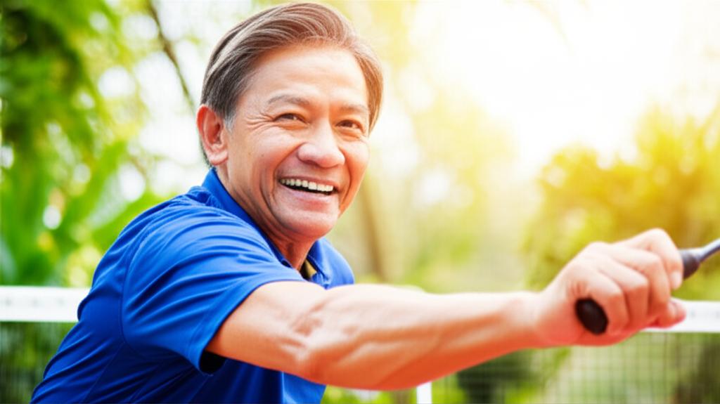 AI prompt: A man in his 50s, smiling genuinely, looking healthy and energetic, perhaps playing a casual sport or enjoying an outdoor activity in Malaysia. Use bright, warm lighting.