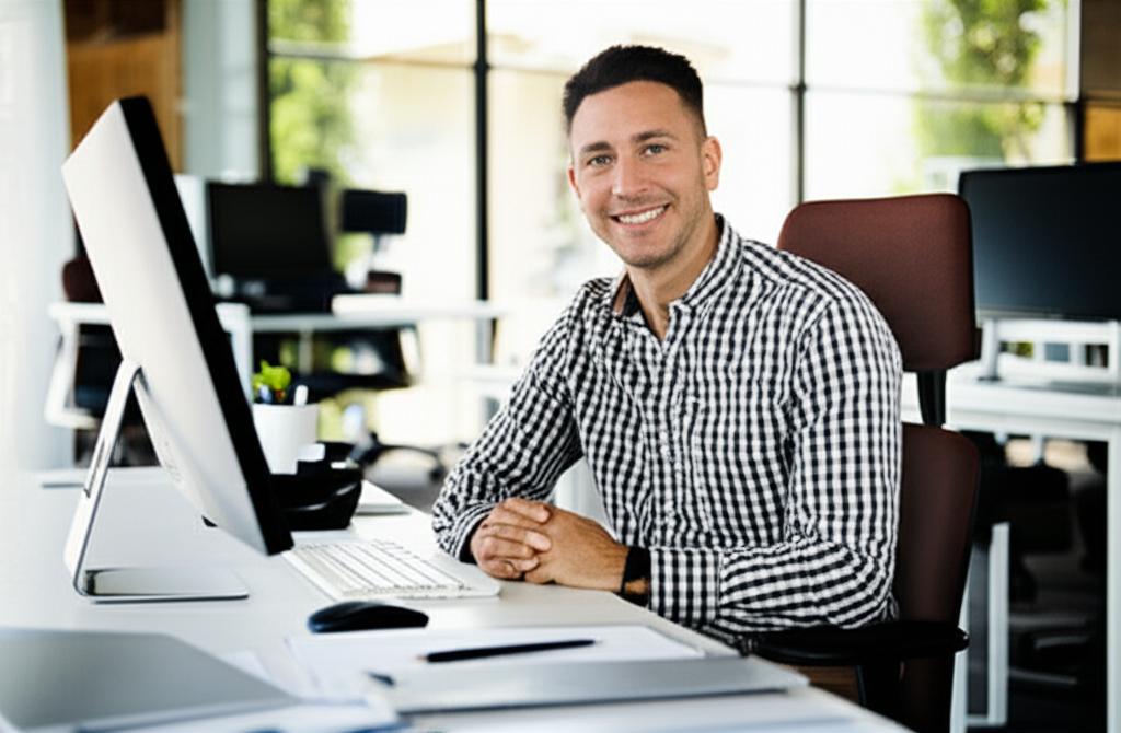 ai prompt: man looking confident and energetic at a desk, smiling slightly, bright office environment, realistic photo