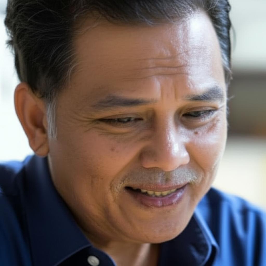 AI prompt: A Malaysian man looking stressed and worried, then a second image of the same man smiling confidently, representing a positive change, realistic photo style