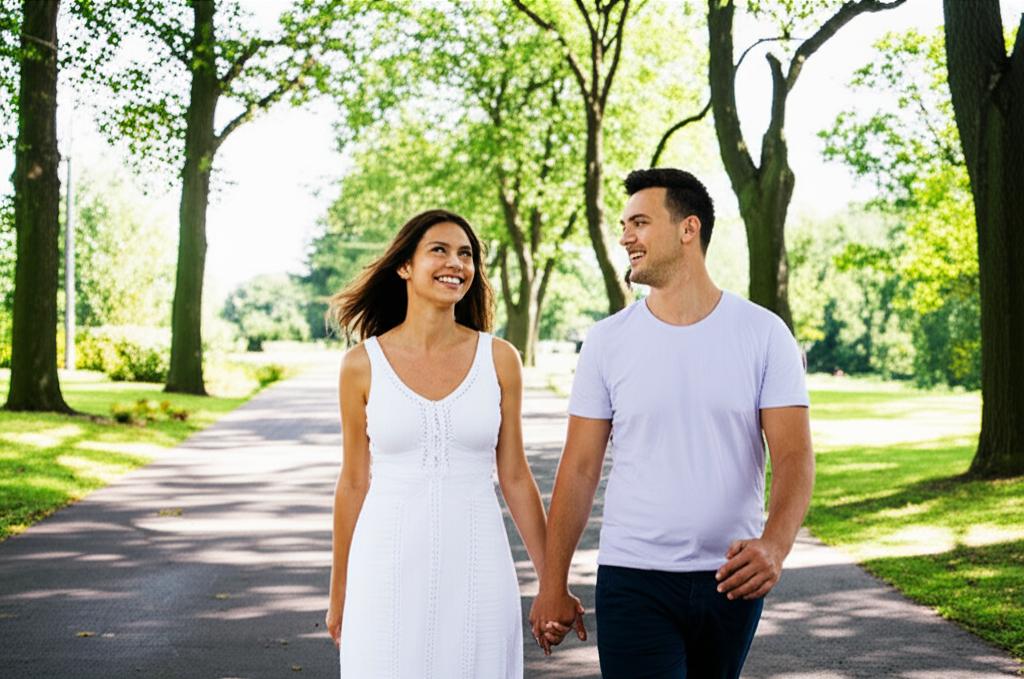 A happy couple holding hands, smiling and walking in a park, representing renewed intimacy and connection