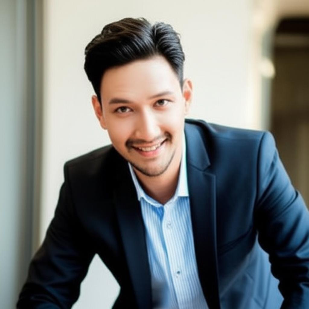 A man looking more energetic and confident, smiling slightly, perhaps doing a light activity, bright lighting, realistic style