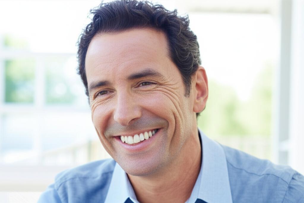 AI prompt: Realistic image of a smiling, energetic middle-aged man enjoying life, looking confident and revitalized, bright lighting