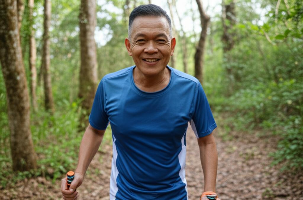 Photo of a confident and smiling Malaysian man in his 50s enjoying an outdoor activity, looking energetic