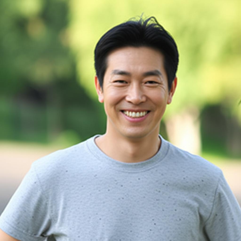 A middle-aged Asian man smiling confidently, looking healthy and vibrant in an outdoor setting.