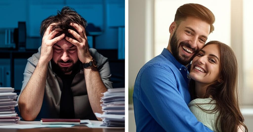 Split image showing a stressed man in an office environment on one side, and the same man looking energetic and happy with his partner on the other side, representing a transformation
