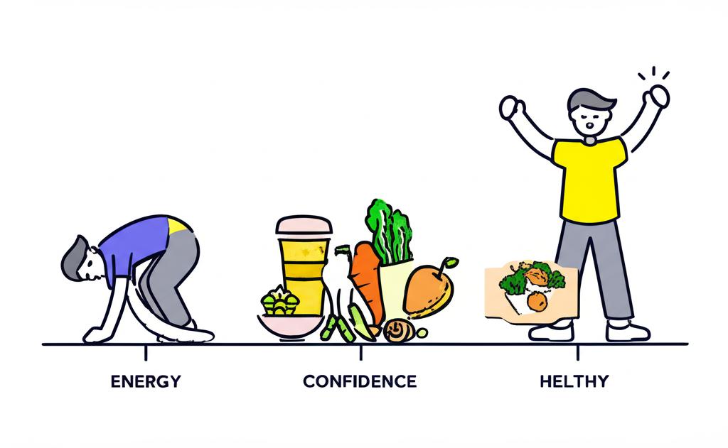 Illustrative image showing a timeline of health improvement leading to increased energy and confidence