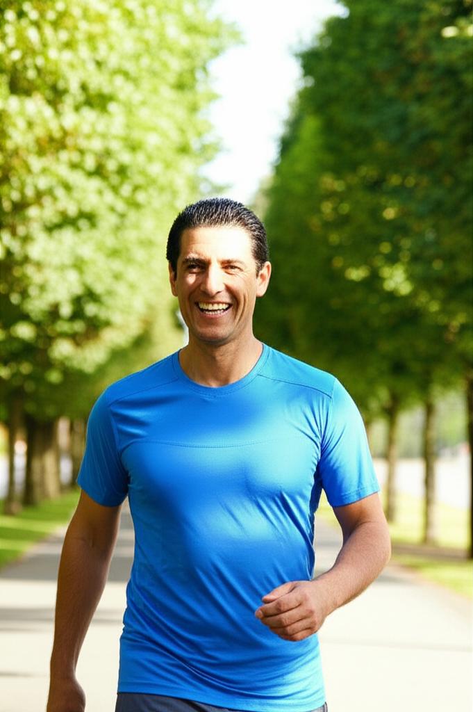 A man in his 40s looking energetic and smiling, walking outdoors in a park, realistic photo