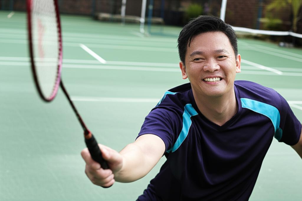 ai prompt: A middle-aged Asian man smiling energetically while playing badminton, motion blur suggesting activity, looking healthy and happy, outdoor court in Malaysia