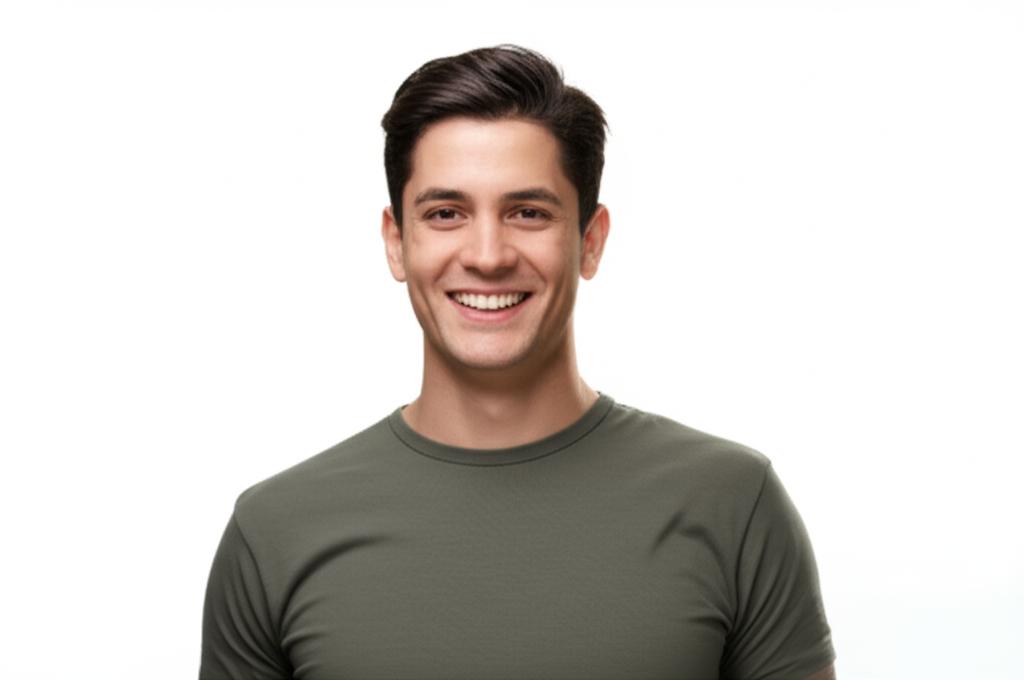 A man smiling confidently, looking energetic and healthy, standing tall, bright lighting, realistic style