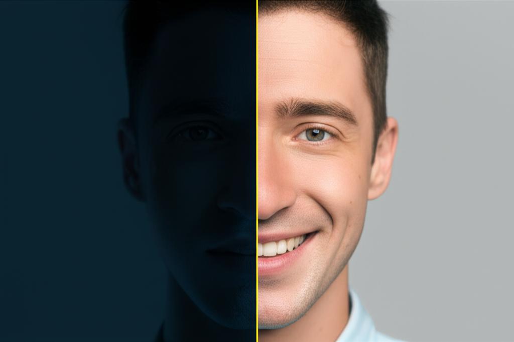 split image showing man looking tired and worried on one side, and energetic and smiling on the other, before and after concept