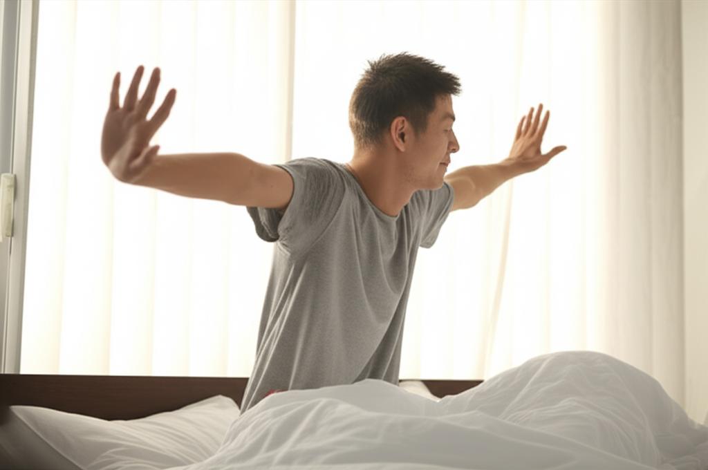 AI prompt: A man waking up in the morning, stretching with a relaxed and energetic expression, sunlight streaming in.