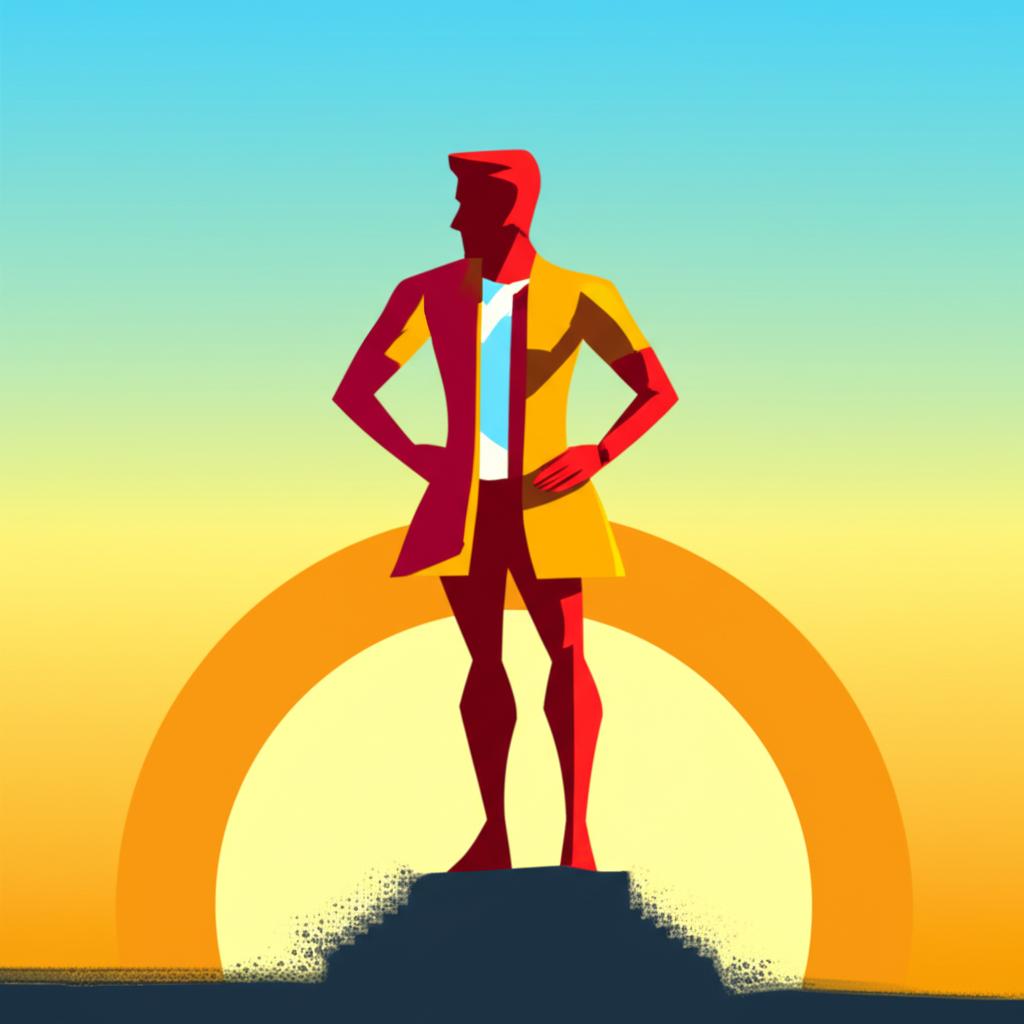 Illustration of a man looking energetic and confident, standing tall with a sunrise in the background, symbolizing renewed vitality.