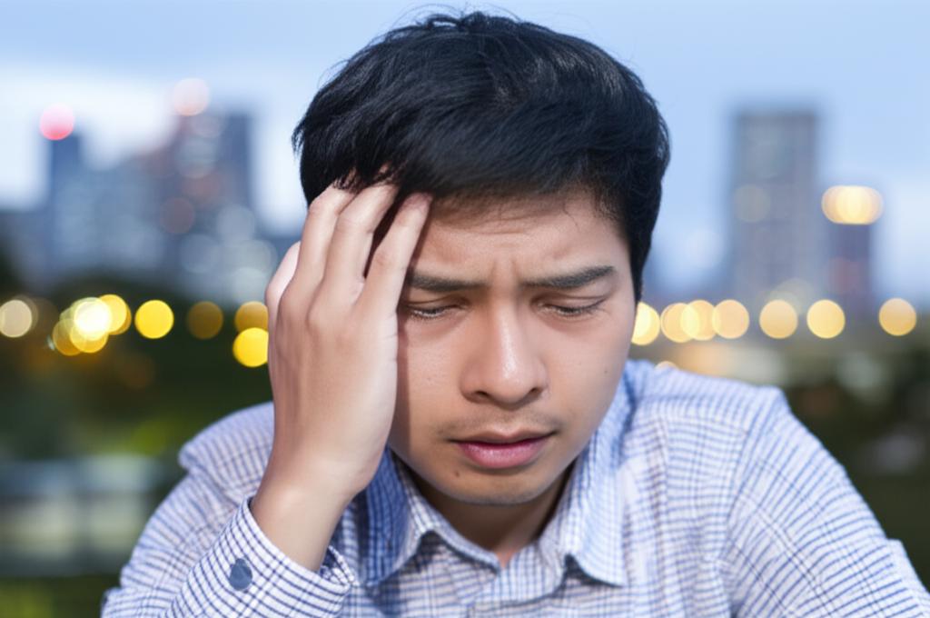 AI prompt: A man in Malaysia looking stressed and thoughtful, perhaps holding his head, with city lights blurred in the background, representing the pressure and challenges of modern life and health concerns.