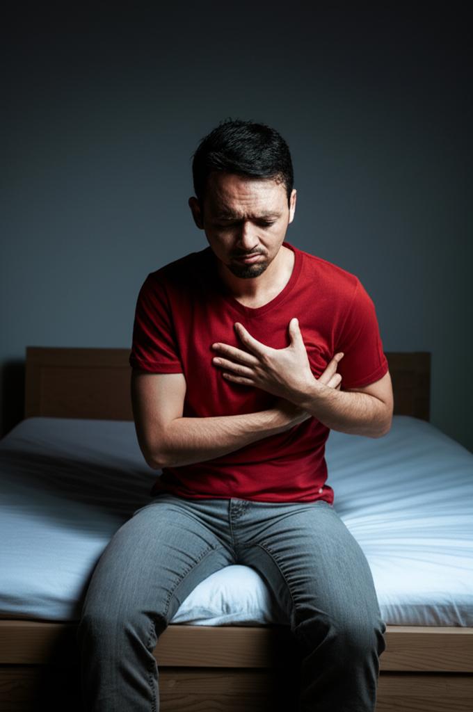 man sitting on edge of bed, holding his chest, looking worried, low light