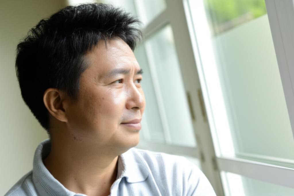 Middle-aged Asian man looking thoughtful, sitting by a window, natural light, calm atmosphere, representing reflection on health and vitality.