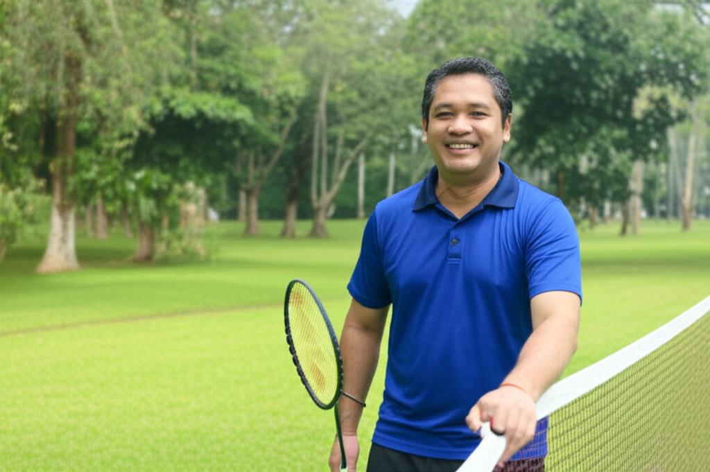 Encik Razali, a Malaysian man in his mid-40s, smiling confidently while engaged in a healthy activity like walking in a park or playing badminton, looking energetic and happy.