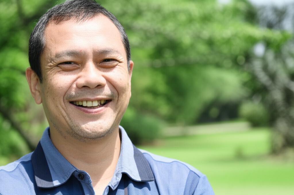 AI prompt: A smiling Malaysian man in his late 50s looking healthy and confident, perhaps outdoors enjoying a park or garden, representing renewed vitality and well-being.
