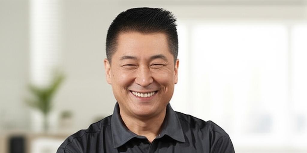 middle-aged asian man smiling confidently, looking relaxed and happy, in a well-lit room