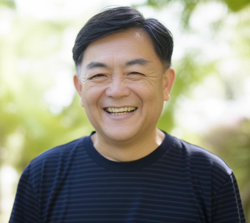 Middle-aged Asian man smiling confidently, looking healthy and energetic, possibly in a positive setting like a park or home, representing renewed vitality and happiness.